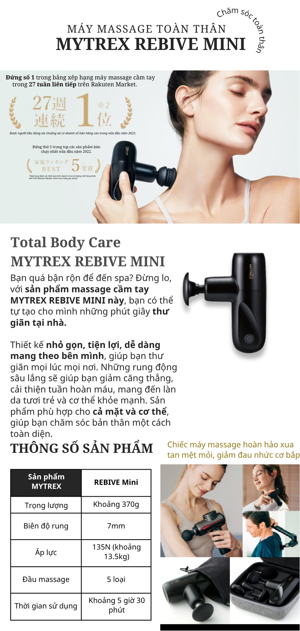 Súng massage Mytrex Rebive mini - Máy massage cầm tay nhỏ gọn này cung cấp lực ép 30 lbs (khoảng 13,6 kg) giúp giảm đau sâu trong mô cơ