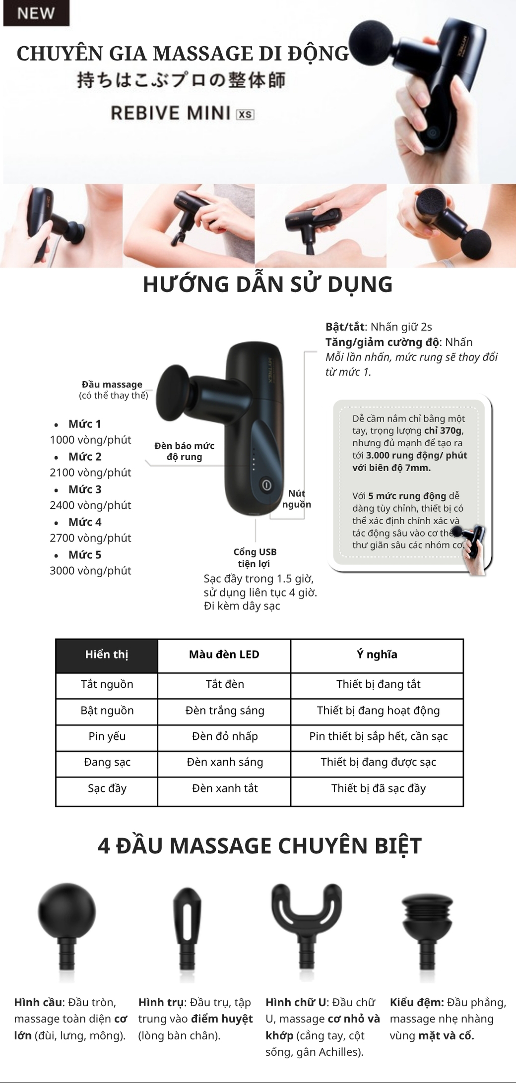 Súng massage Mytrex Rebive mini Biên độ dao động mạnh mẽ 7 mm giúp giảm đau cơ sâu.