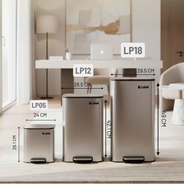 Thùng rác đạp chân Letek Vỏ ngoài làm từ thép không gỉ 410, phủ lớp nano mờ chống bám vân tay, tạo nên vẻ ngoài sang trọng, sạch sẽ. Bên trong là lòng nhựa PP dày dặn, có thể tháo rời dễ vệ sinh.