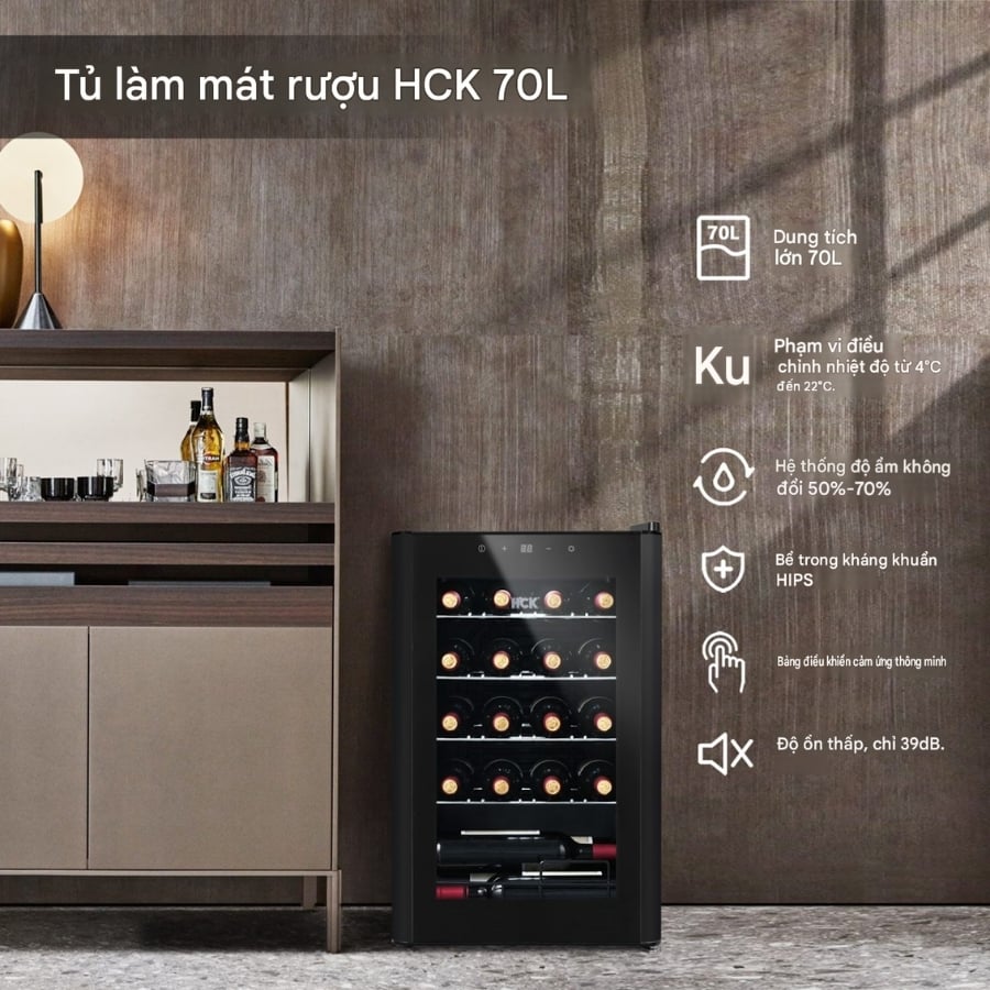 Tủ rượu HCK 70L SC-70-E Sức chứa 70L có thể chứa tới 24 chai rượu vang tiêu chuẩn.