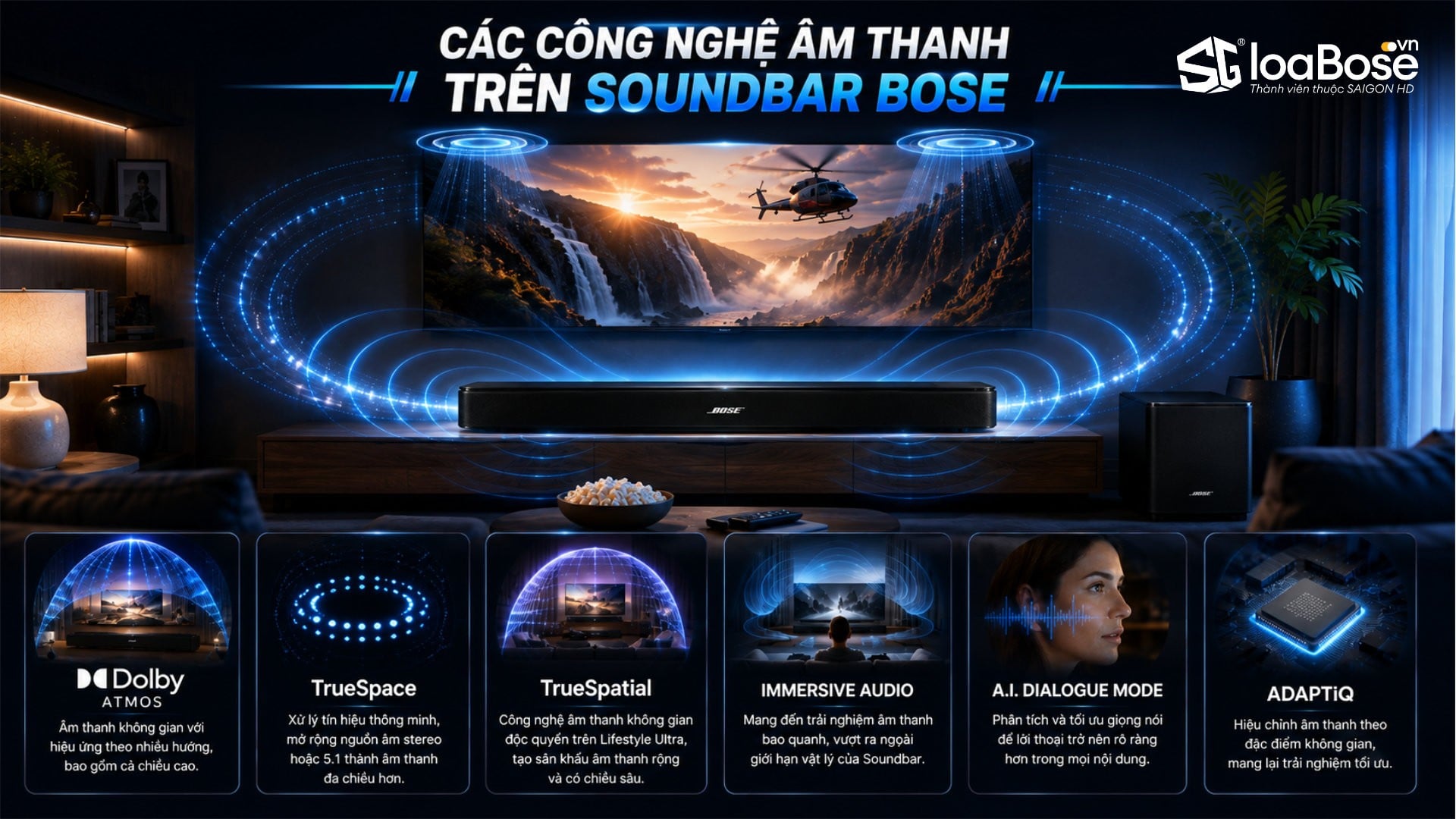 Các công nghệ âm thanh tiên tiến nhất được sử dụng trên SoundBar Bose: Dolby Atmos, TrueSpatial, TrueSpace, Immersive Audio