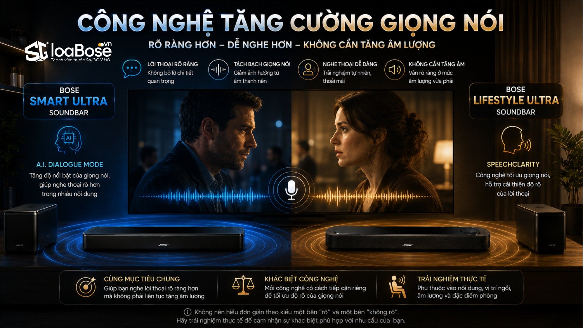 So sánh công nghệ tăng cường giọng nói trên Bose Lifestyle Ultra SoundBar vs Bose Smart Ultra SoundBar