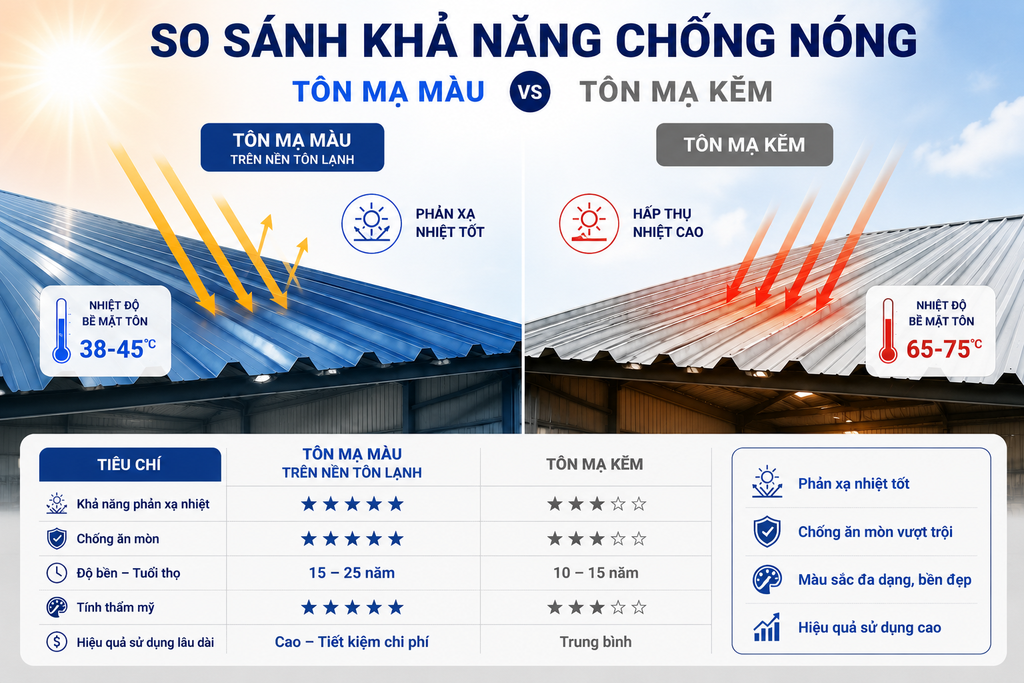 TÔN MẠ MÀU CÓ CHỐNG NÓNG KHÔNG? SO SÁNH VỚI TÔN LẠNH VÀ TÔN MẠ KẼM CHI TIẾT