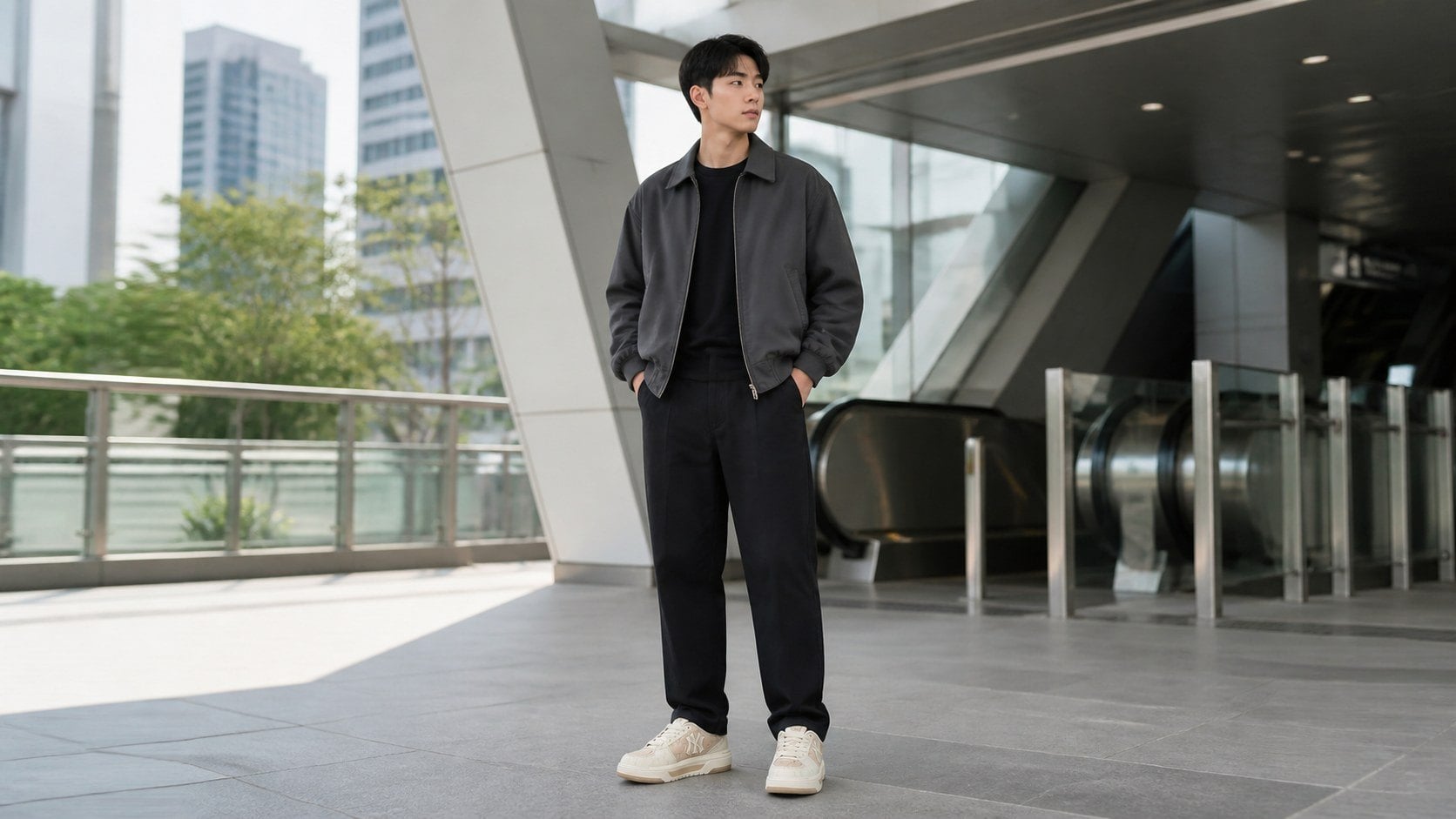 Sneaker MLB làm điểm nhấn cho outfit streetwear nam tối màu