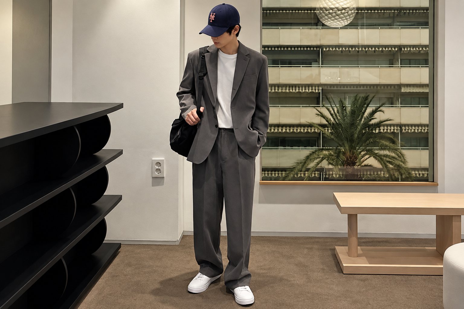 Mũ lưỡi trai MLB navy tạo nhịp màu cho outfit tối giản