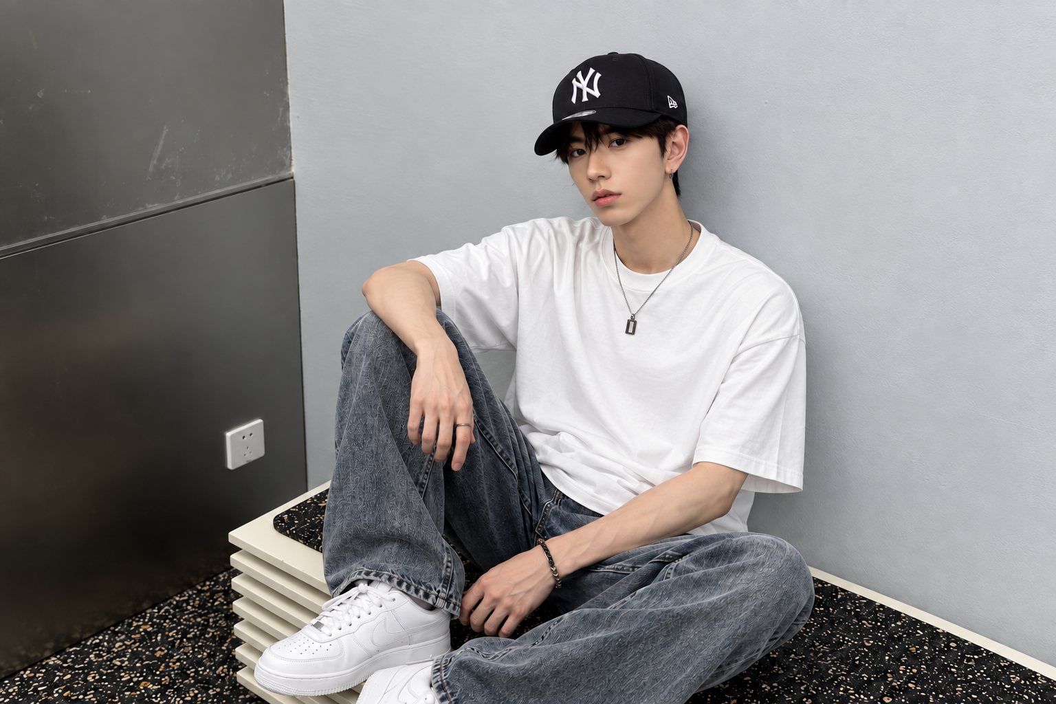 Phối mũ lưỡi trai MLB đen với áo thun, quần jeans và sneaker trắng