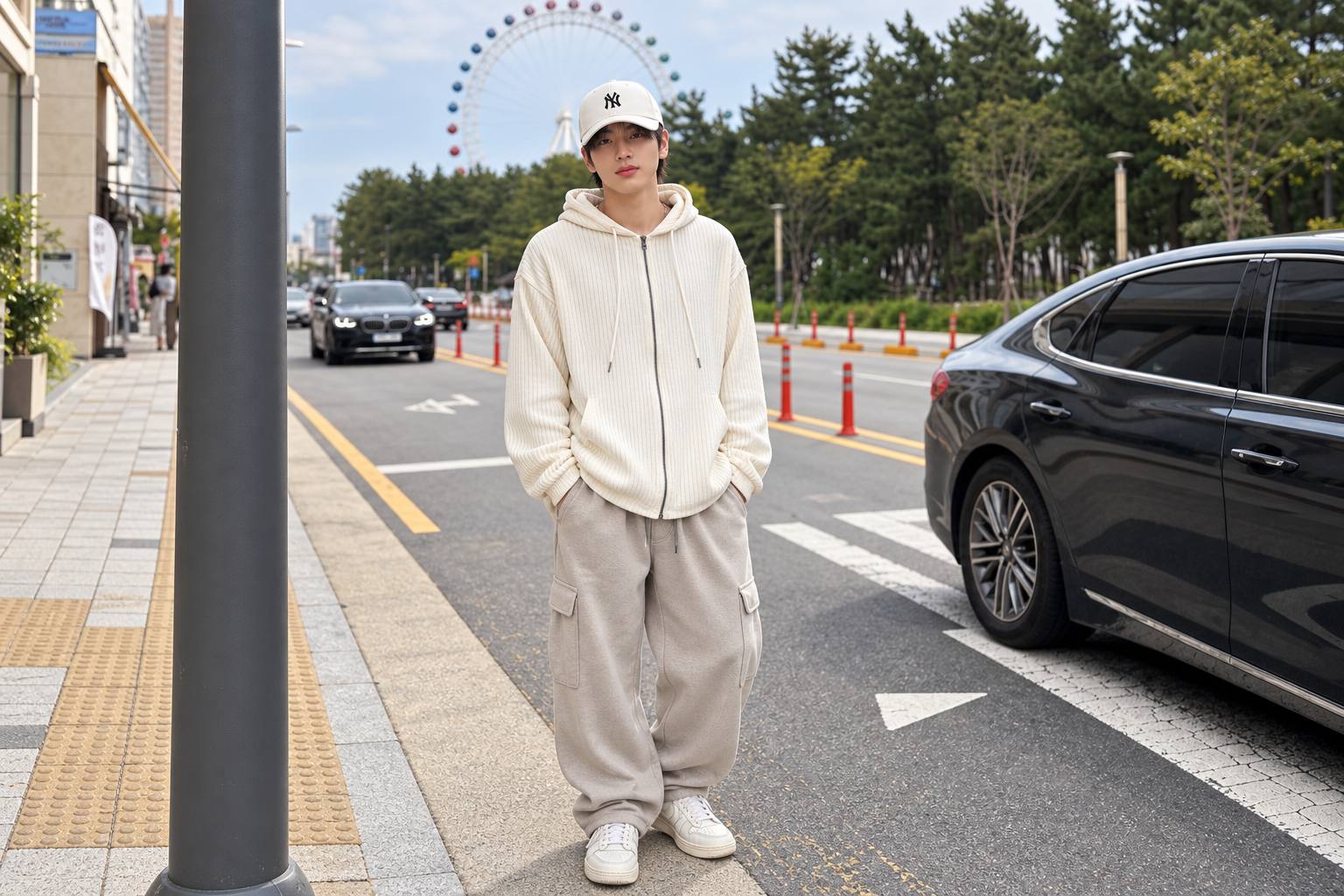 Phối mũ lưỡi trai MLB màu kem cùng hoodie rộng và quần jogger