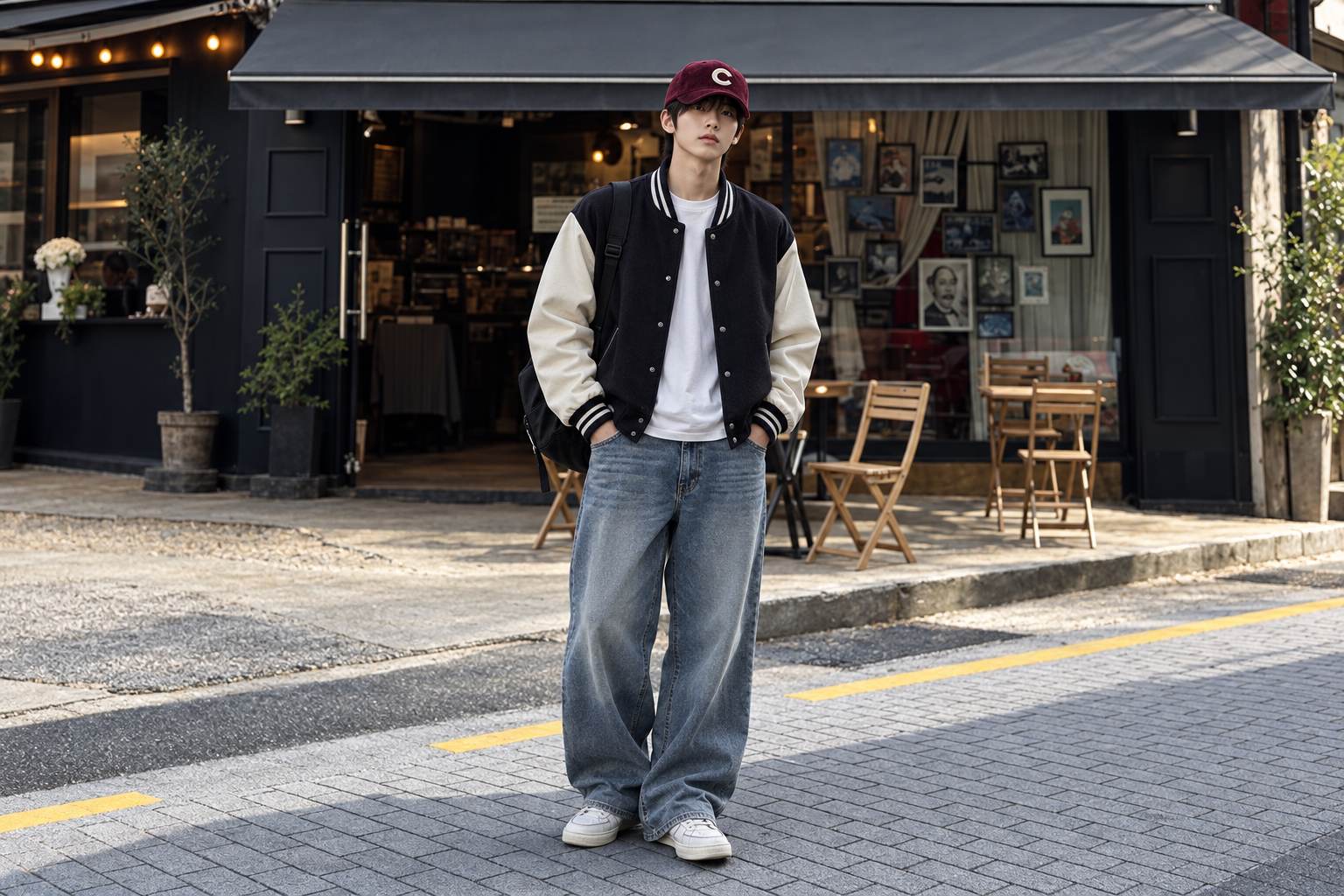 Mũ lưỡi trai MLB đỏ phối áo khoác bóng chày và quần denim