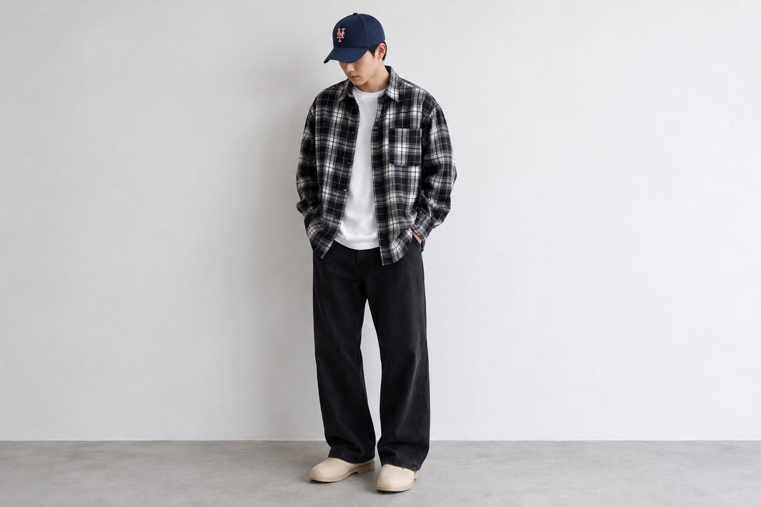 Phối mũ lưỡi trai MLB navy với overshirt và quần ống suông