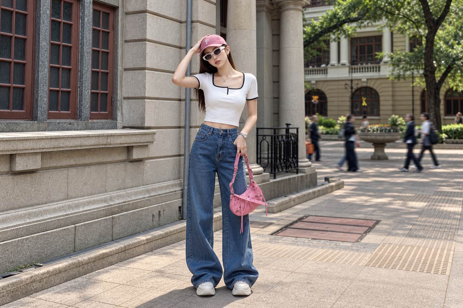 Phối mũ lưỡi trai MLB hồng với croptop, quần ống rộng và sneaker chunky