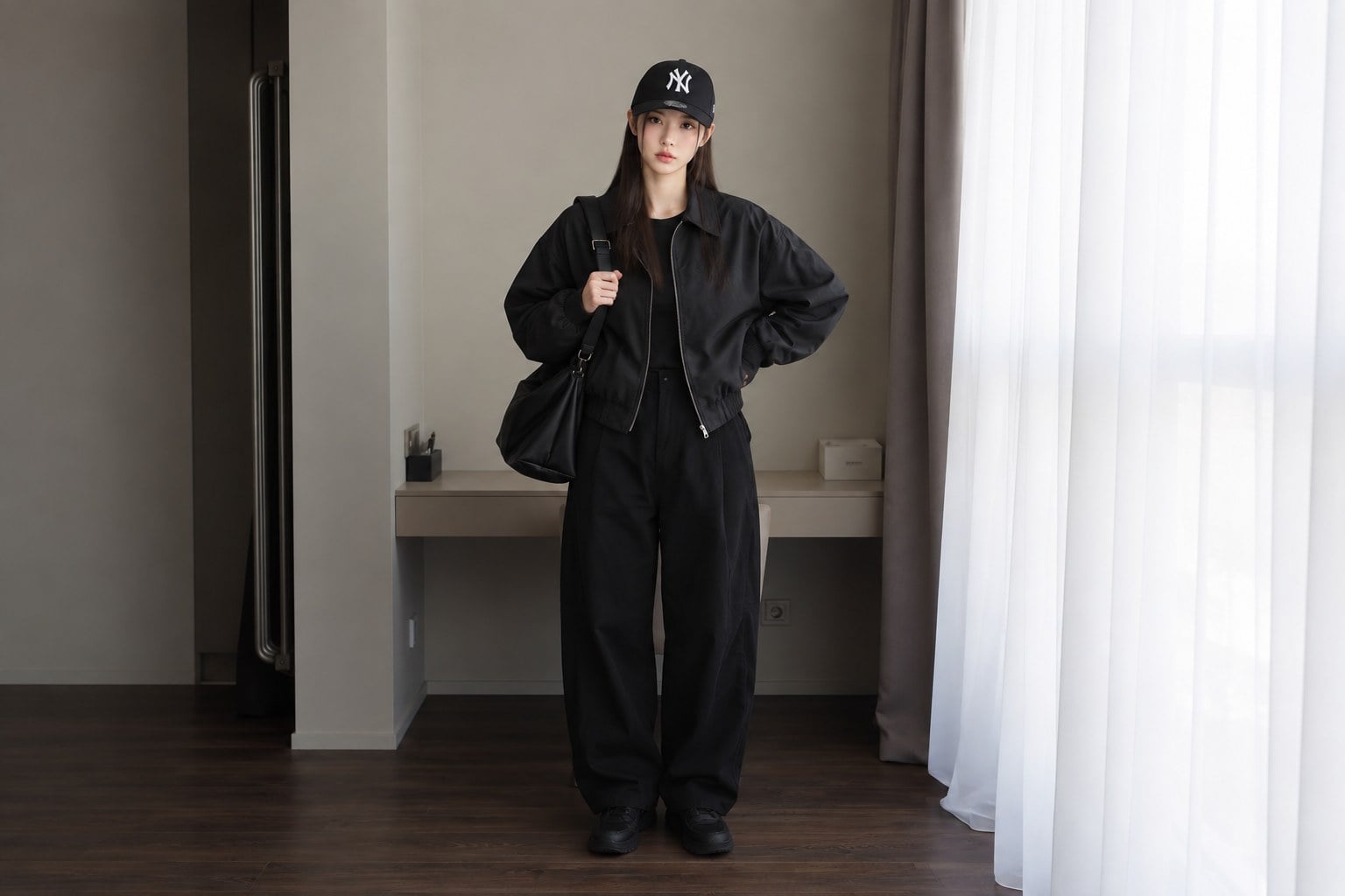 Outfit all-black phối mũ lưỡi trai MLB logo trắng tương phản