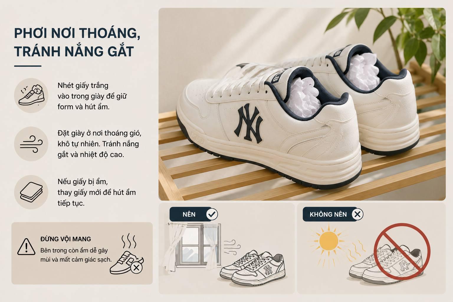 Phơi giày thể thao nơi thoáng, tránh nắng gắt