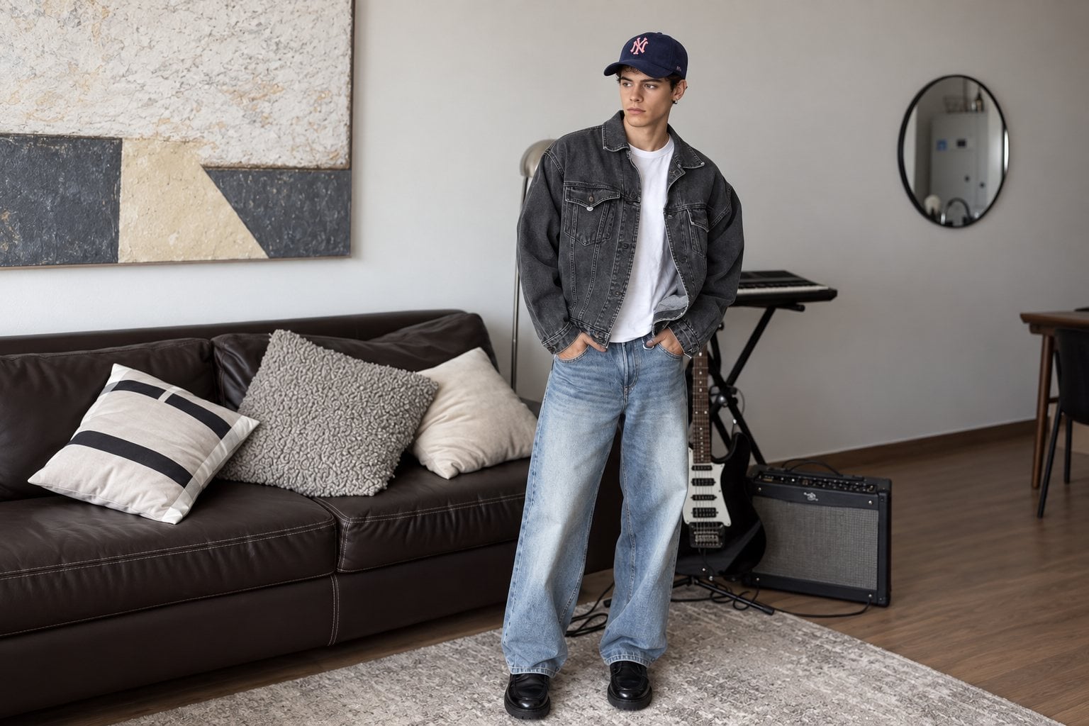 Phối denim on denim với mũ lưỡi trai MLB navy trung tính