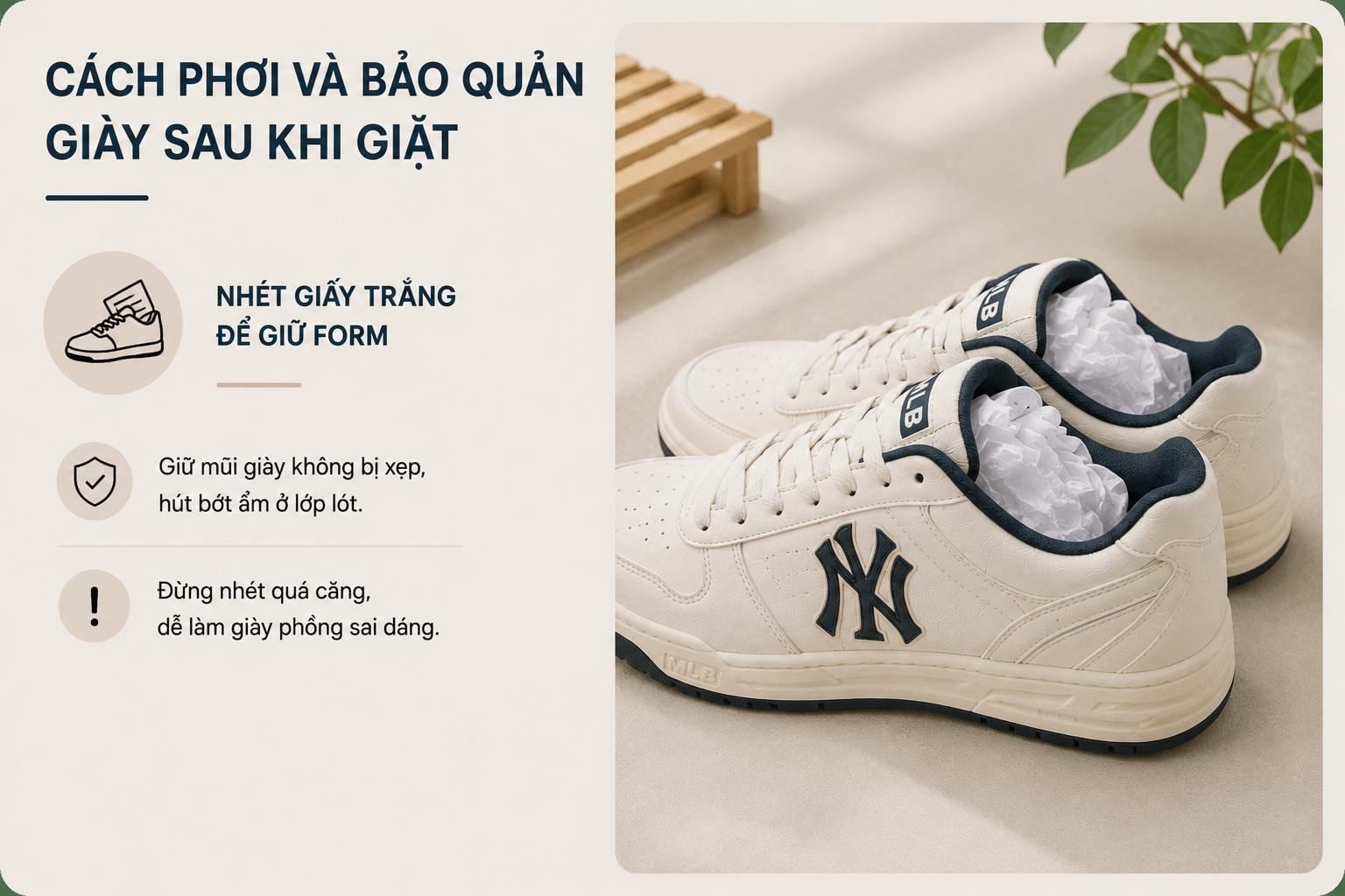 Nhét giấy trắng để giữ form giày thể thao khi phơi