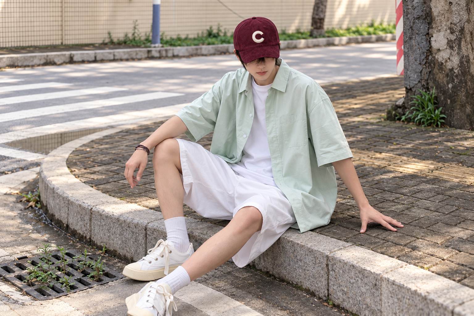Mũ lưỡi trai MLB đỏ phối áo sơ mi mở cúc và quần shorts