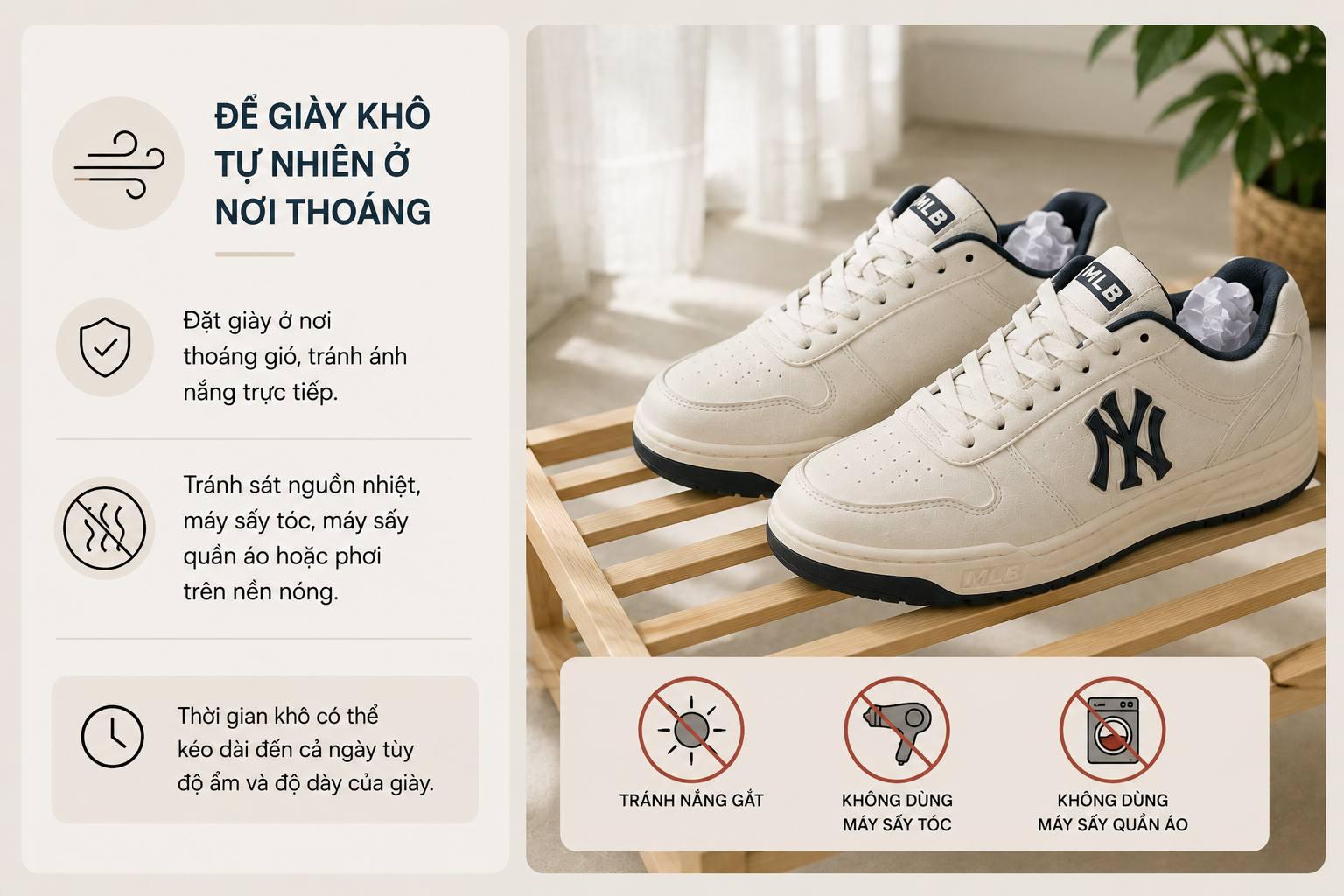 Để giày thể thao khô tự nhiên ở nơi thoáng gió