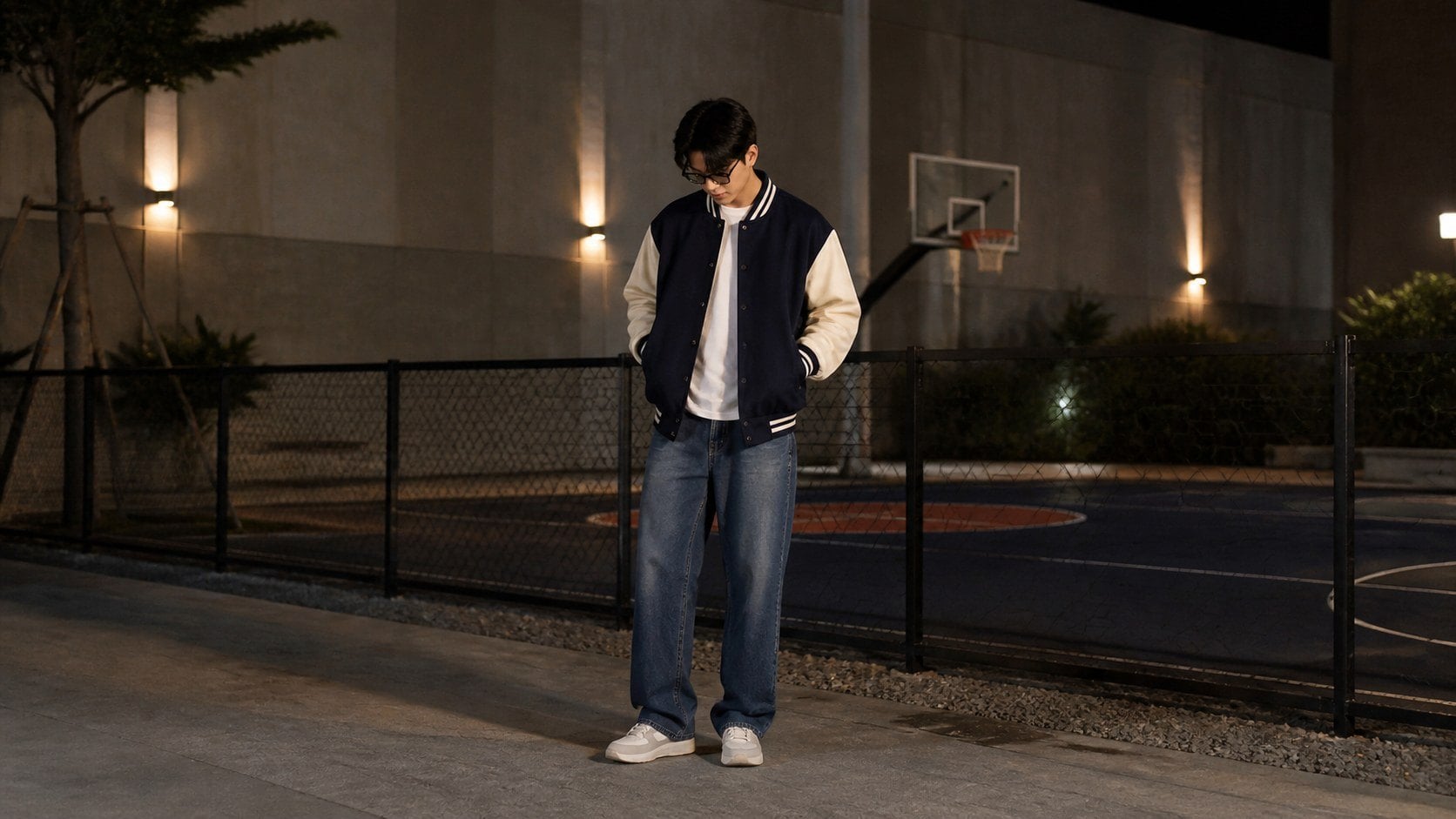 Phối áo khoác bóng chày với áo thun trơn và quần denim