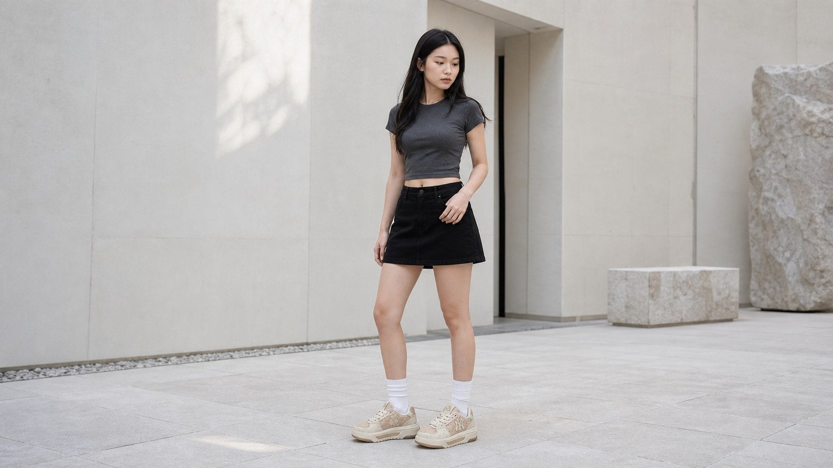 Phối áo dáng gọn, chân váy ngắn và sneaker chunky MLB