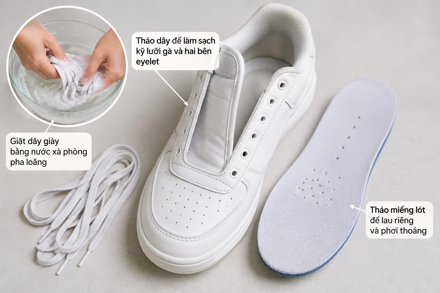 Tháo dây giày và miếng lót trước khi giặt giày thể thao