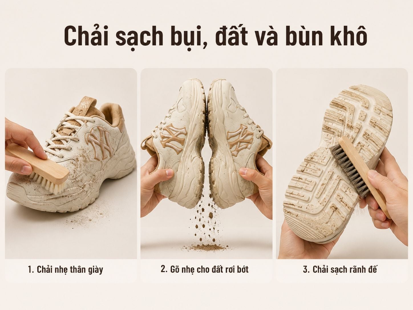 Chải sạch bụi, đất và bùn khô trên giày thể thao