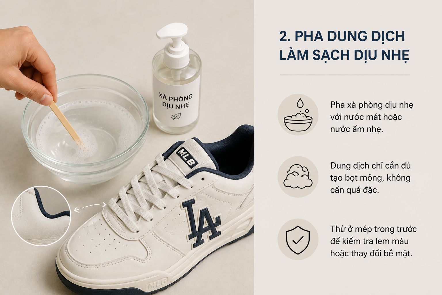 Pha dung dịch làm sạch dịu nhẹ để giặt giày thể thao