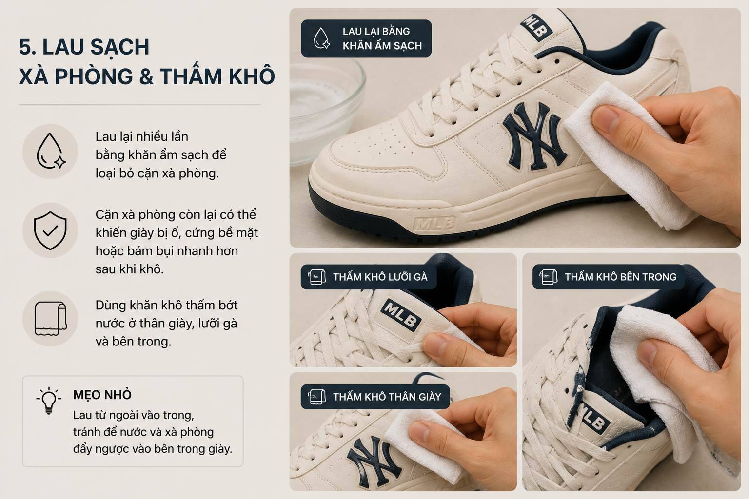 Lau sạch xà phòng và thấm khô giày thể thao sau khi giặt