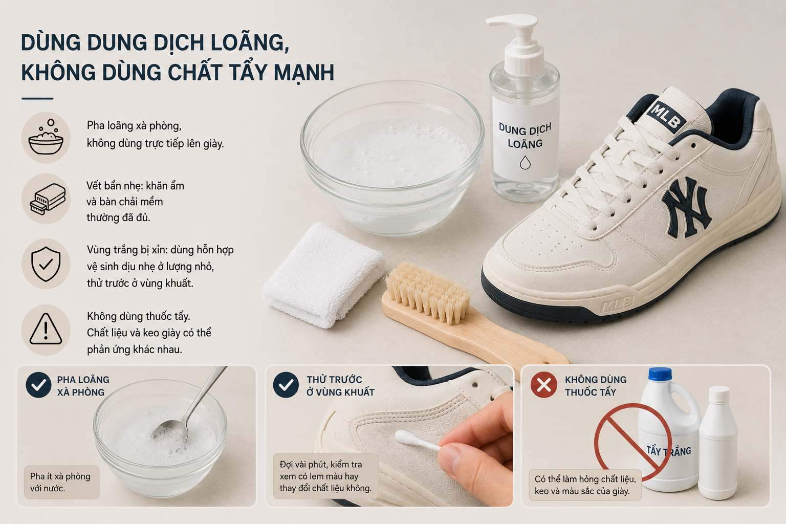 Dùng dung dịch loãng để giặt giày thể thao trắng