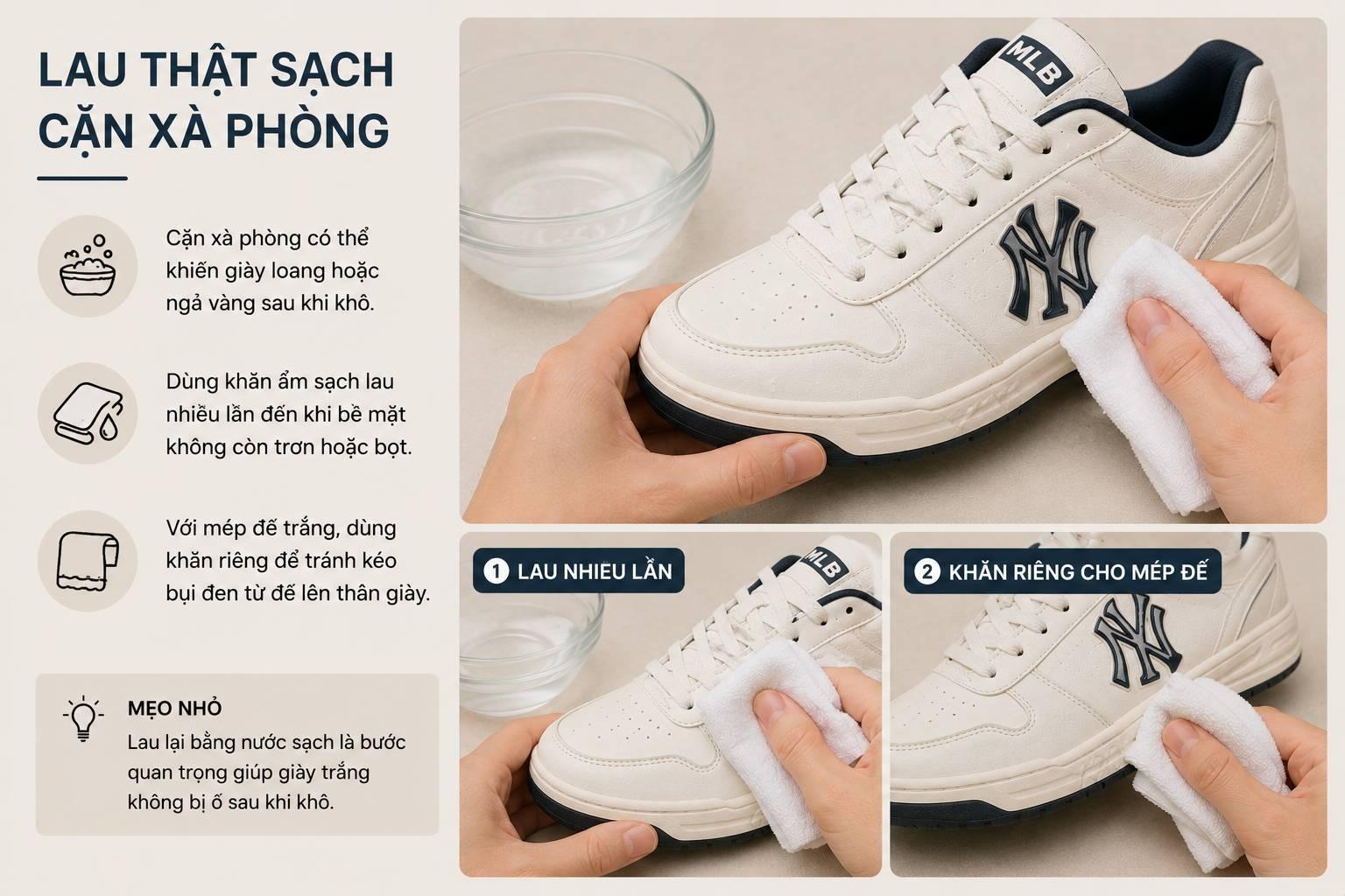 Lau sạch cặn xà phòng để giày thể thao trắng không bị ố vàng