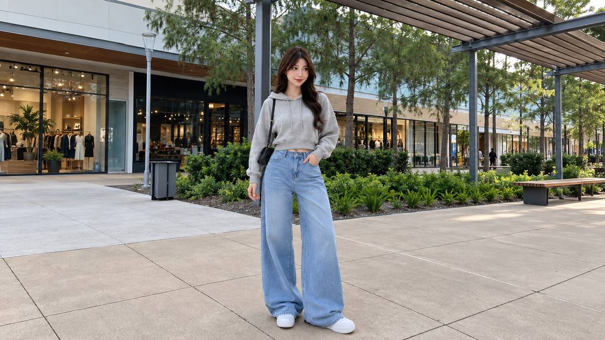 Hoodie dáng ngắn phối jeans ống rộng cạp cao và sneaker trắng
