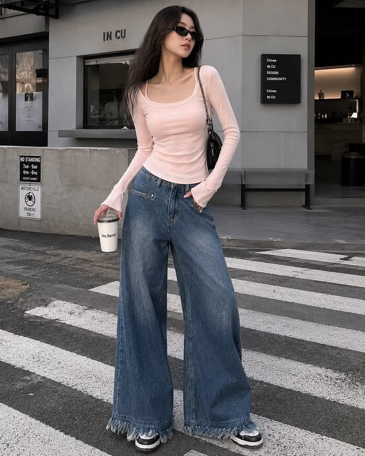 Jeans ống rộng cân với sneaker thân rõ màu đen trắng