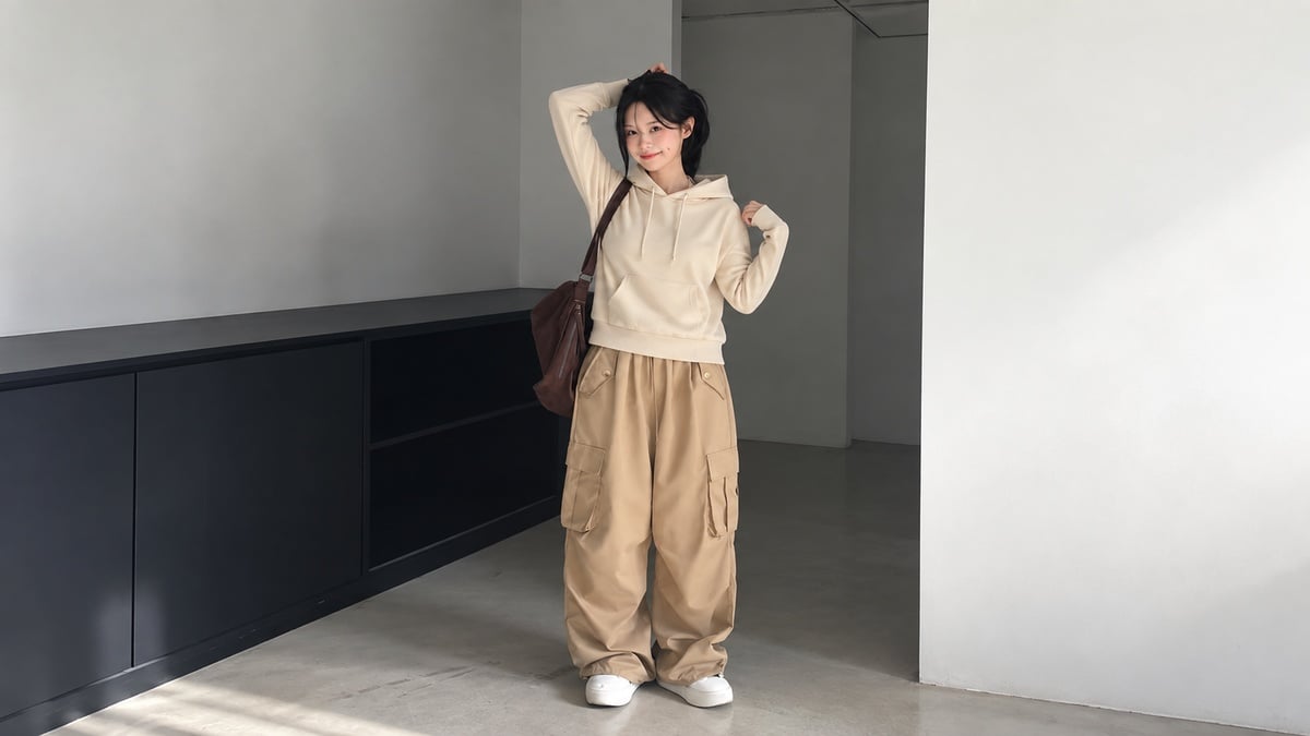 Hoodie gọn thân phối quần cargo túi hộp màu be