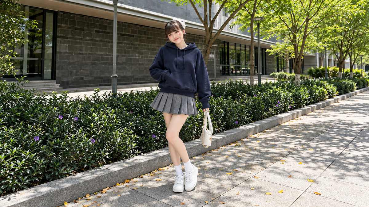 Hoodie navy phối chân váy xếp ly ngắn và sneaker cổ thấp