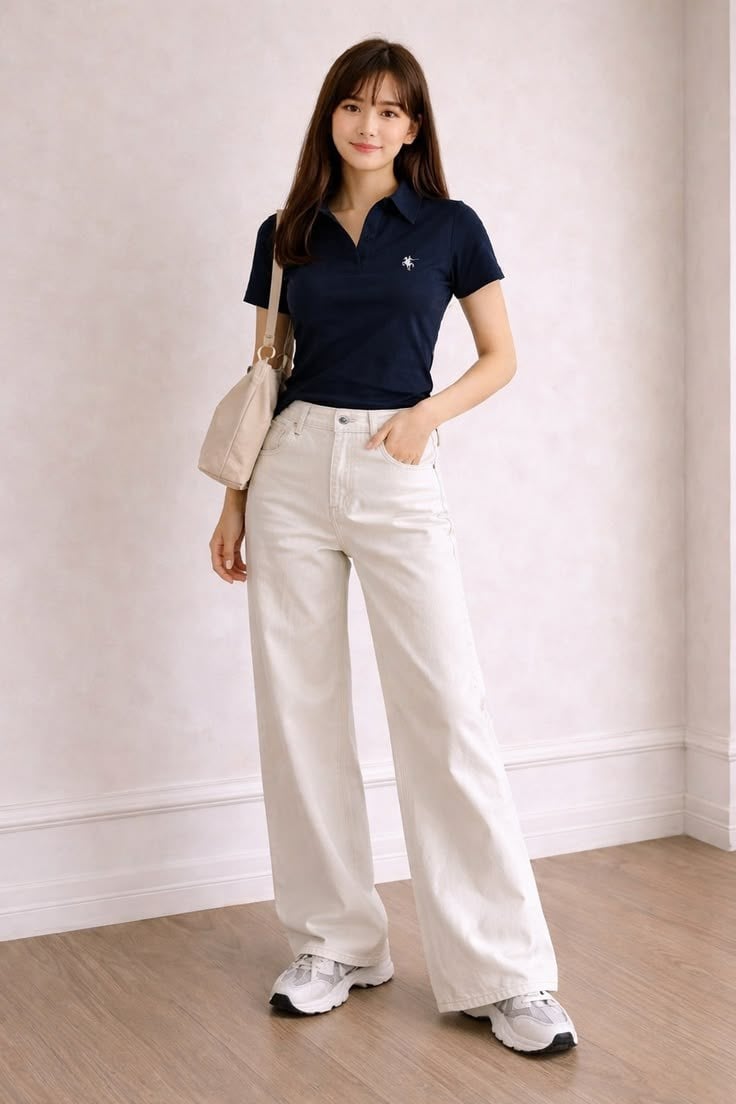 Áo polo phom gọn phối quần ống rộng sáng màu