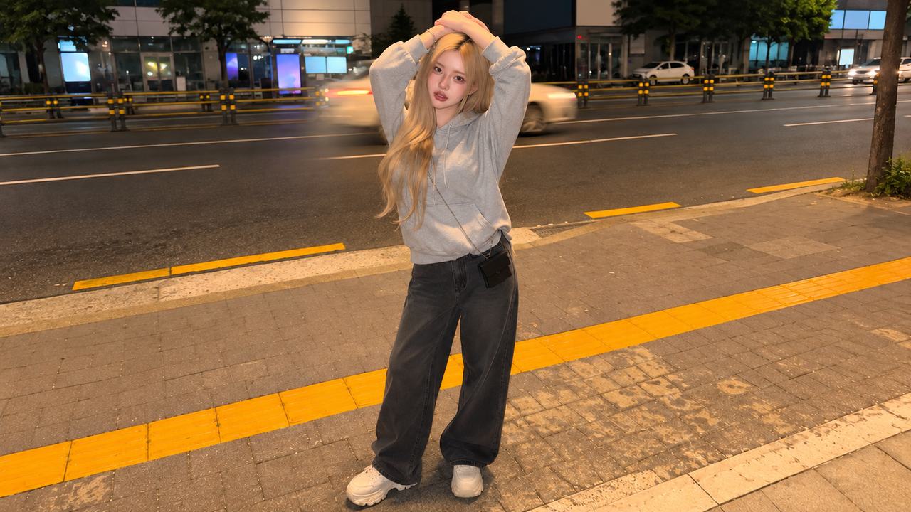 Hoodie phối quần suông và sneaker theo hướng sporty-street