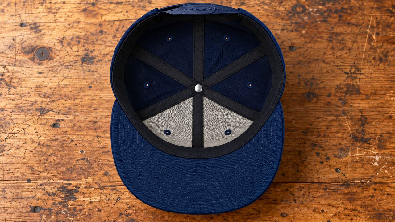 Mặt trong nón snapback với lòng nón, dải thấm mồ hôi và khóa bấm điều chỉnh