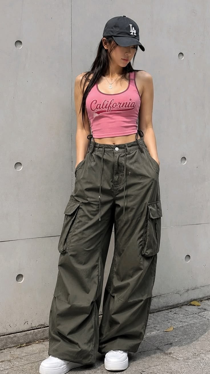 Quần túi hộp xanh rêu phối tank top và nón bóng chày