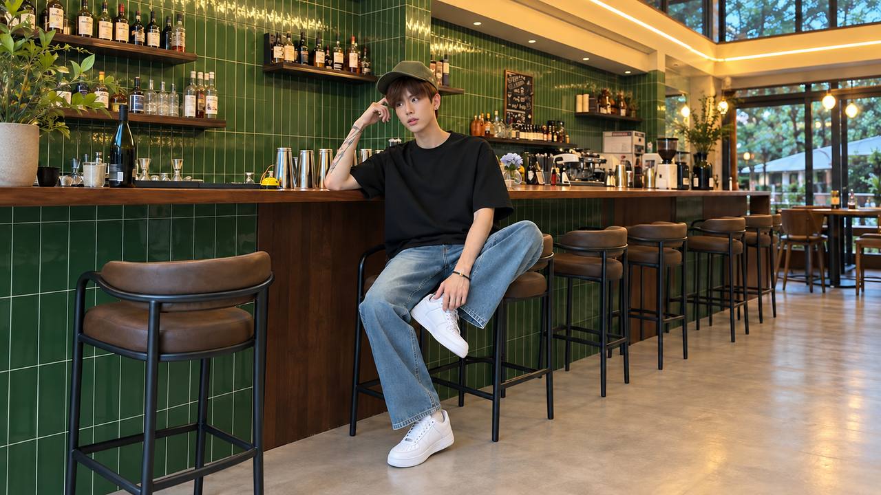 Áo thun trơn, jeans ống đứng, sneaker thấp và nón snapback