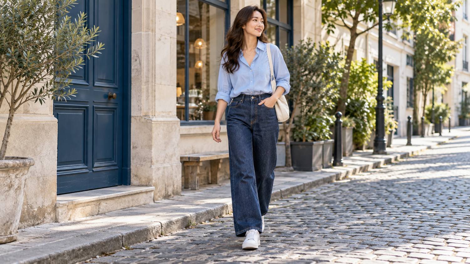 Sơ mi xanh biển nhạt phối quần jeans xanh denim đậm
