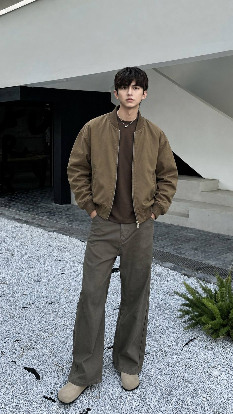 Bomber nâu không logo phối quần ống rộng đồng màu