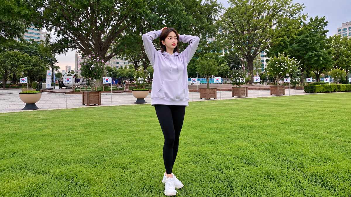Hoodie qua hông phối legging đen và sneaker trắng