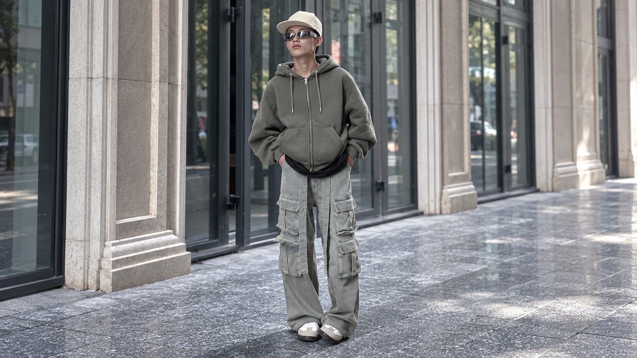 Hoodie hoặc áo khoác ngắn, quần suông và snapback