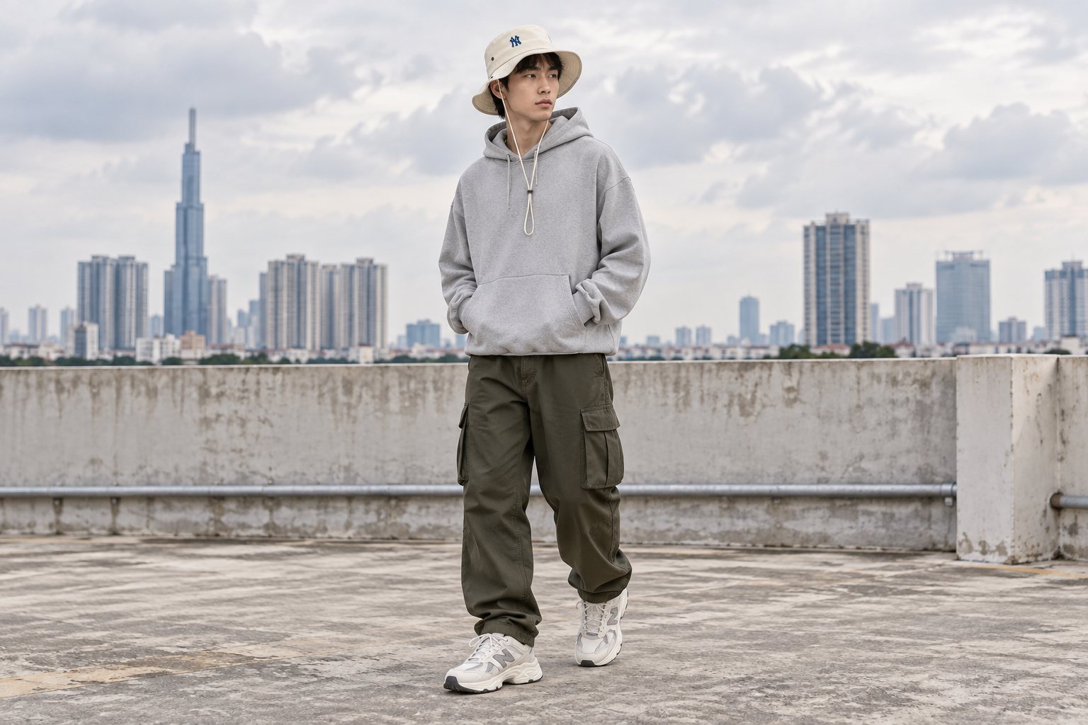 Bucket phối hoodie cargo và sneaker