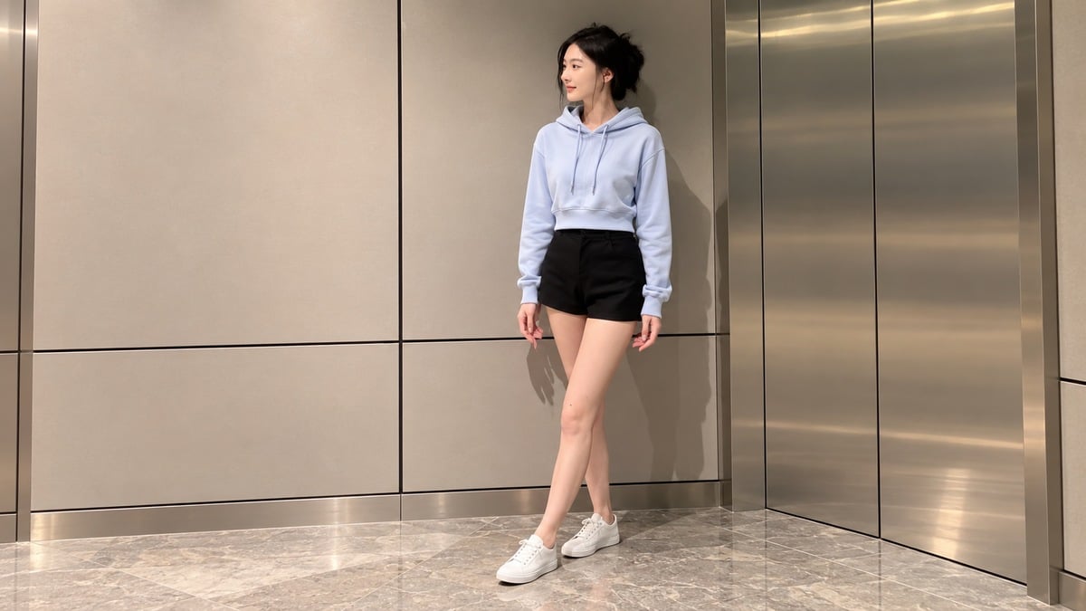 Hoodie ngắn giữ rõ cạp quần và tỷ lệ cho vóc dáng nhỏ