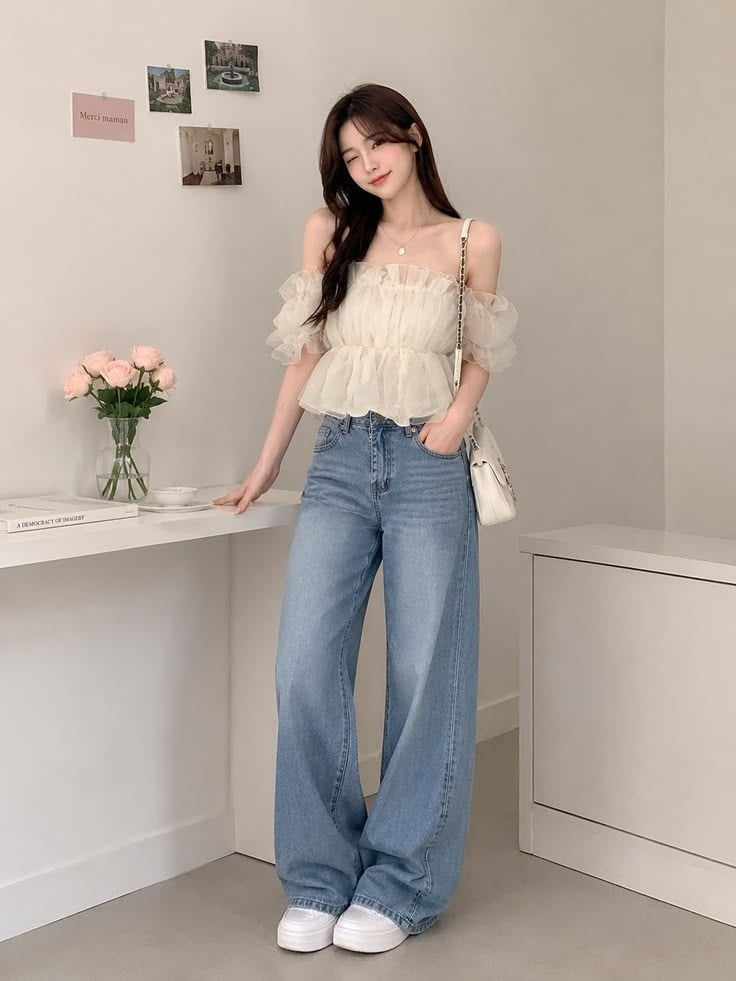 Jeans xanh ống rộng đứng phom phối sneaker trắng