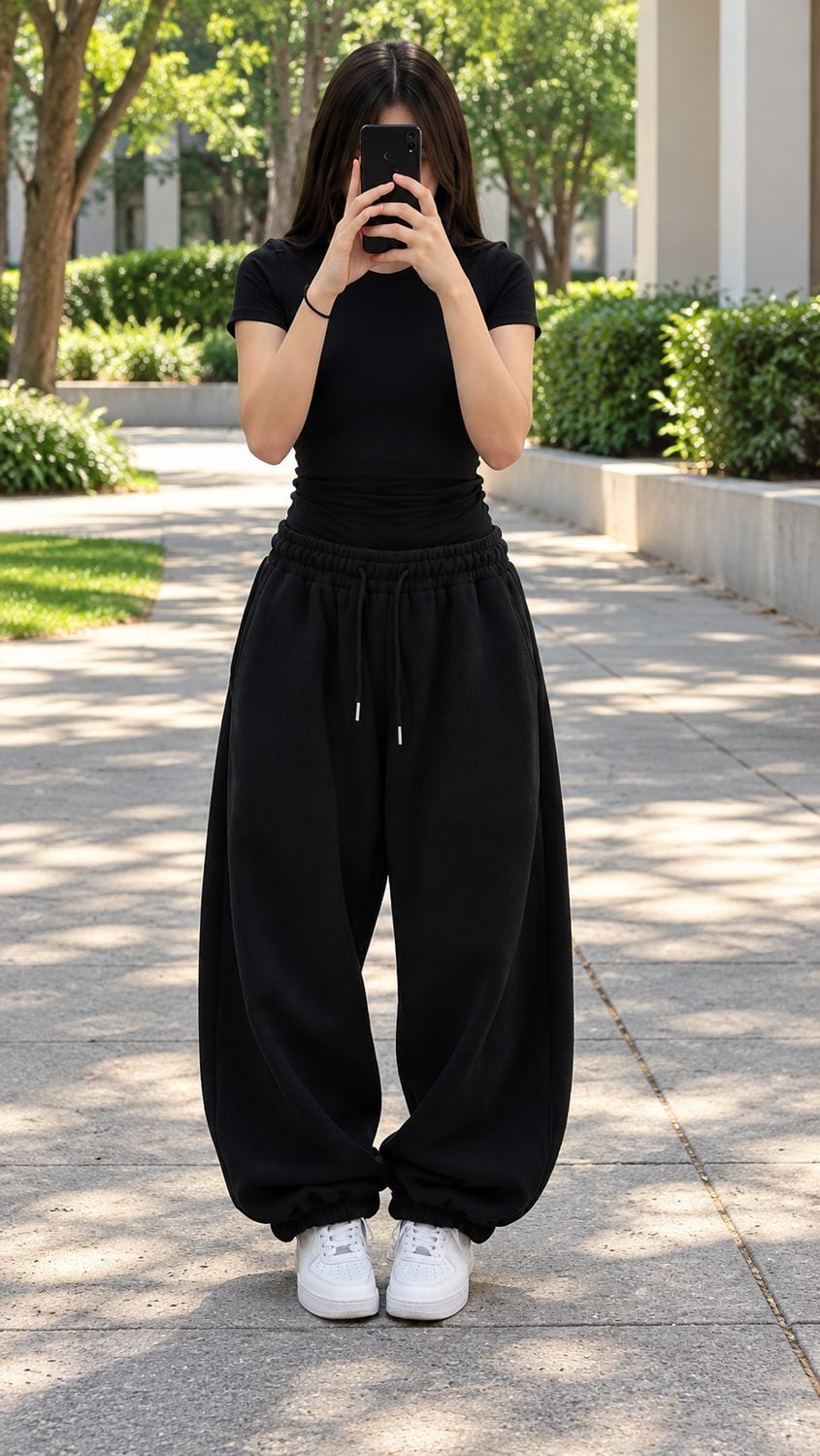 Quần jogger nỉ đen phối áo gọn khi đi học hoặc dạo phố