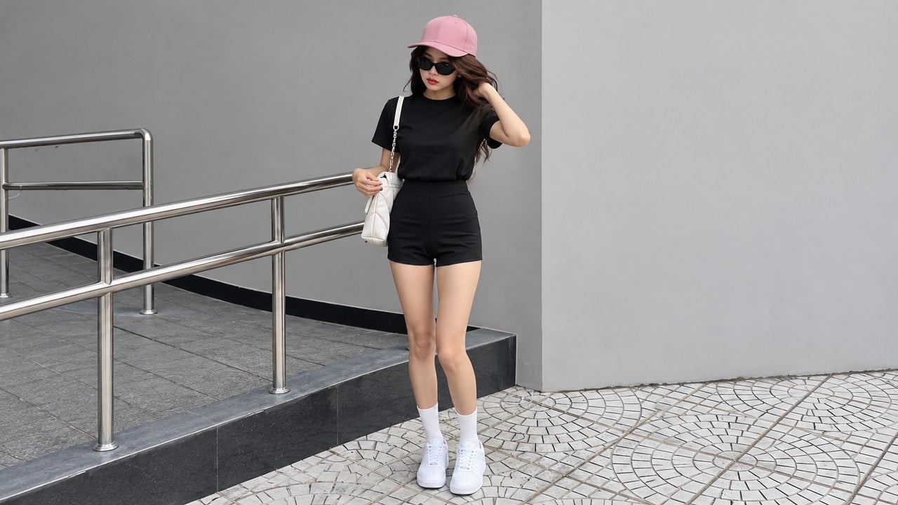 Áo thun, shorts hoặc chân váy đơn giản cùng snapback