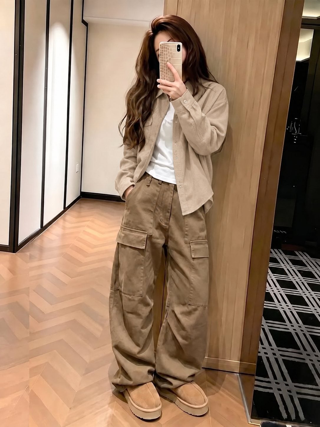 Quần túi hộp kaki phối layer áo sơ mi và áo khoác