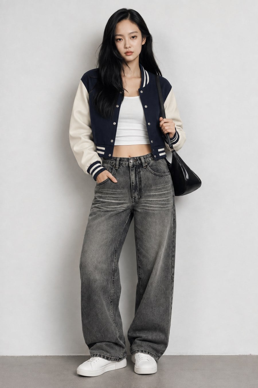 Áo varsity phối áo thun trắng và jeans suông ngày se mát