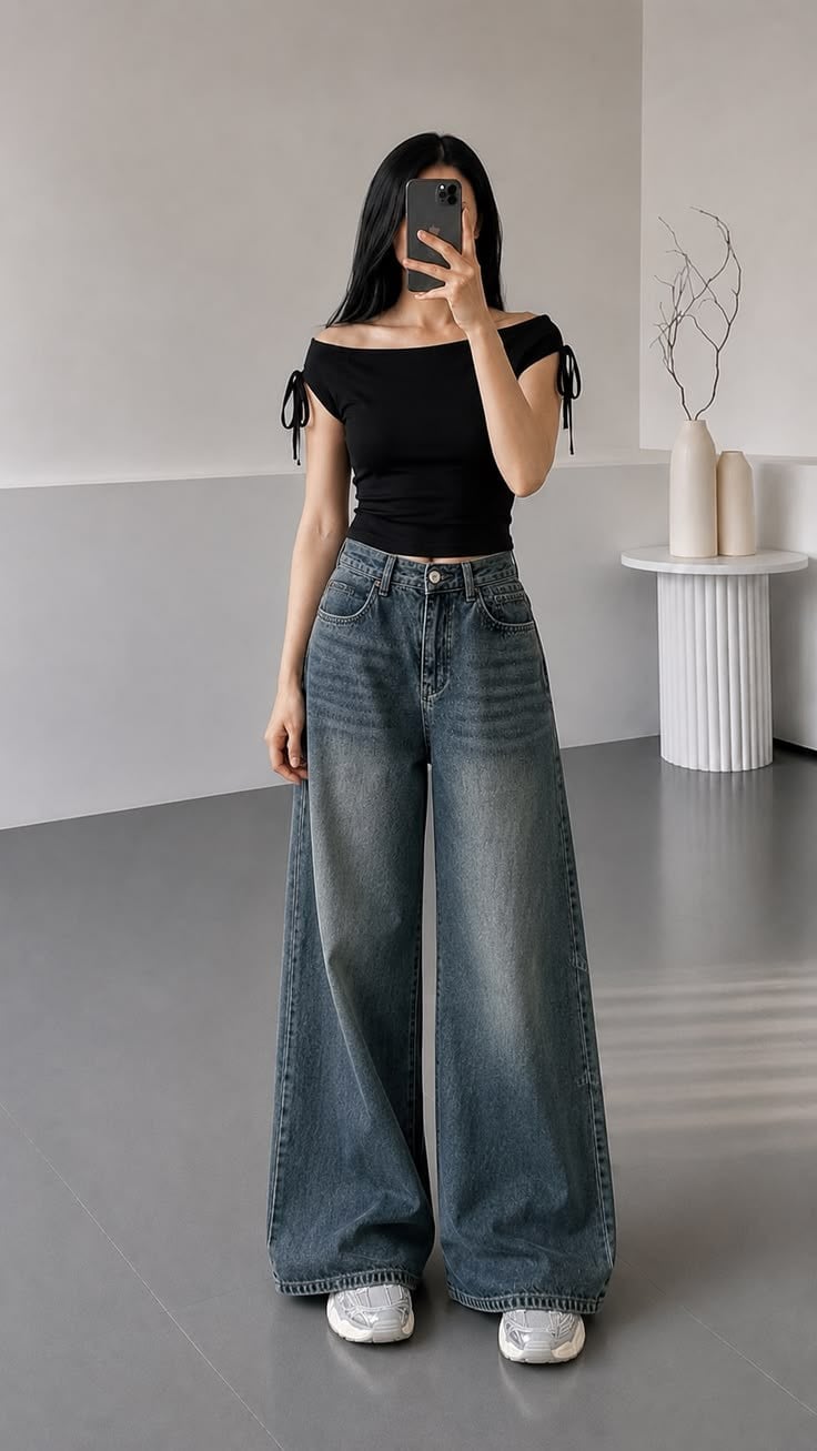 Quần jeans ống rộng phối áo đen gọn và sneaker