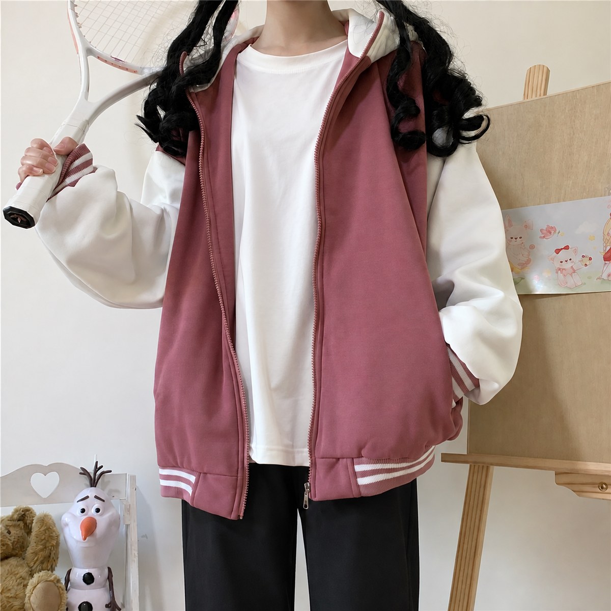 Áo thun form rộng nữ layer áo khoác bóng chày và quần tối giản